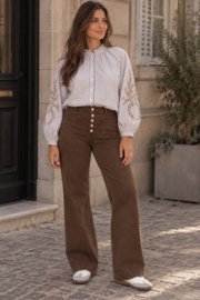 Gestreepte blouse met broderie beige