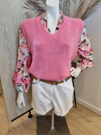 blouse met munt en fuchsia bloemenprint