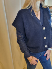 blouse met kanten mouwen marineblauw