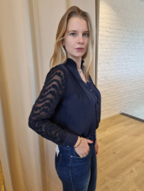 blouse met kanten mouwen marineblauw