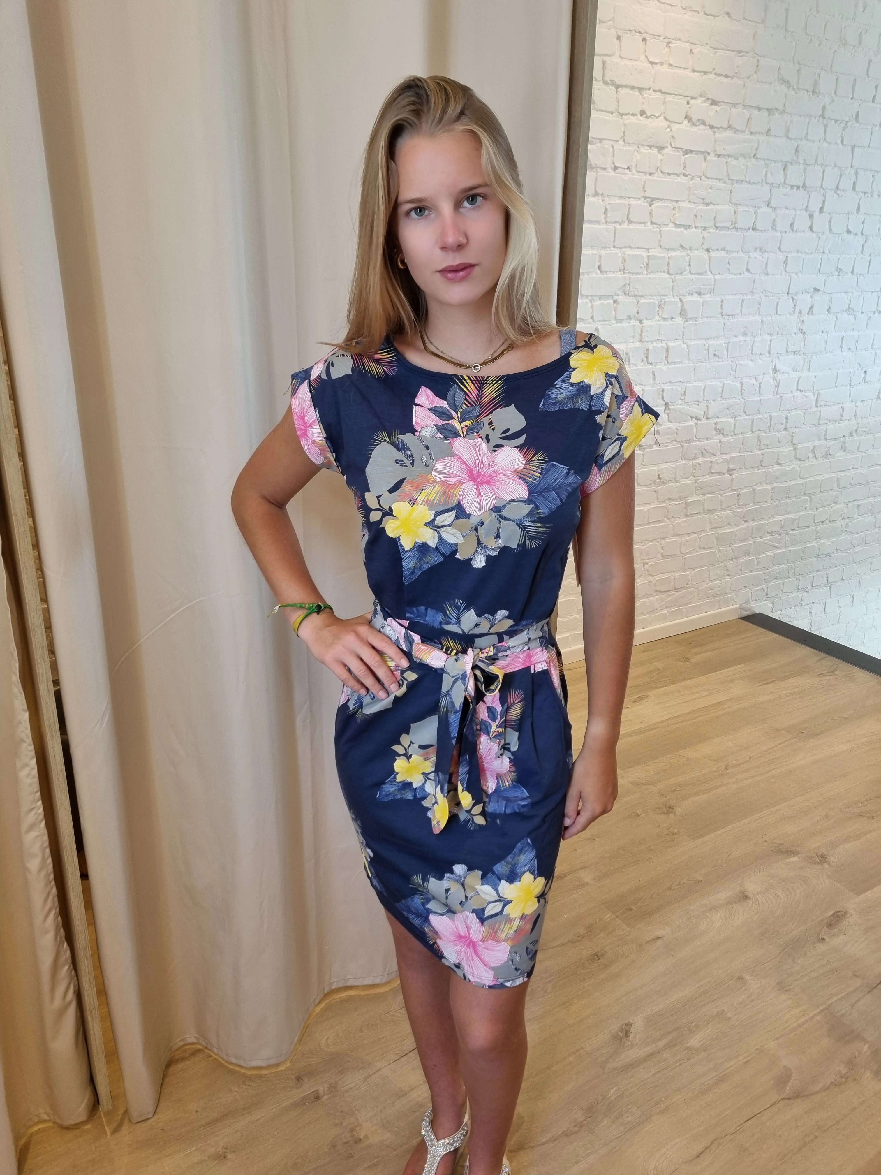 jurk met striklint en bloemenprint roze/blauw/donkerblauw