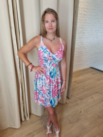 viscose jurk met blauw-roze bloemenprint