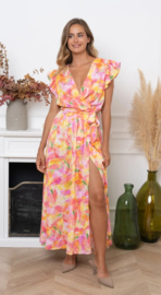 maxi-overslagjurk met geel en roze motief