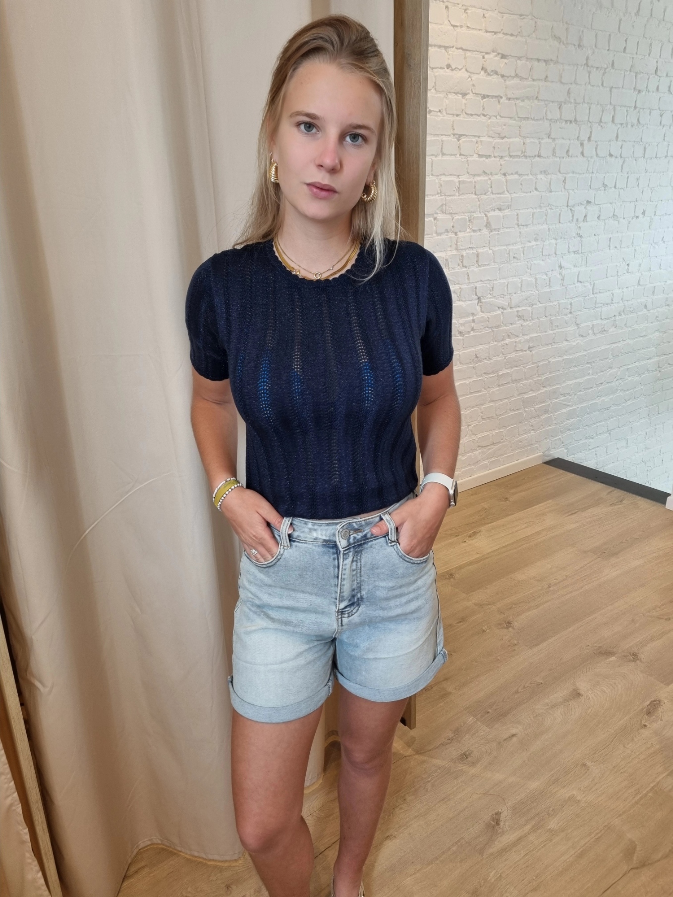 JDYBEAUTY 2/4 O-NECK PULLOVER KNT lurex donkerblauw