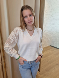 trui met V-hals en versierde mouwen ecru