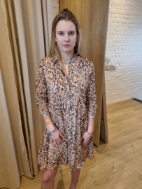 jurk met fijne lurex en camel/goud print