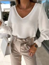 blouse met fronsmouwtjes en V-hals wit