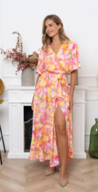 maxi-overslagjurk met geel en roze motief