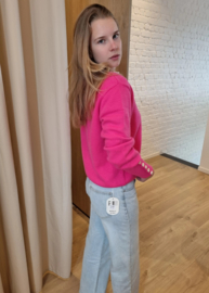 trui met V-hals en gouden knopen fuchsia