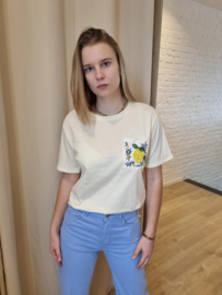 T-shirt citroenzakje met pareltjes lichtgeel