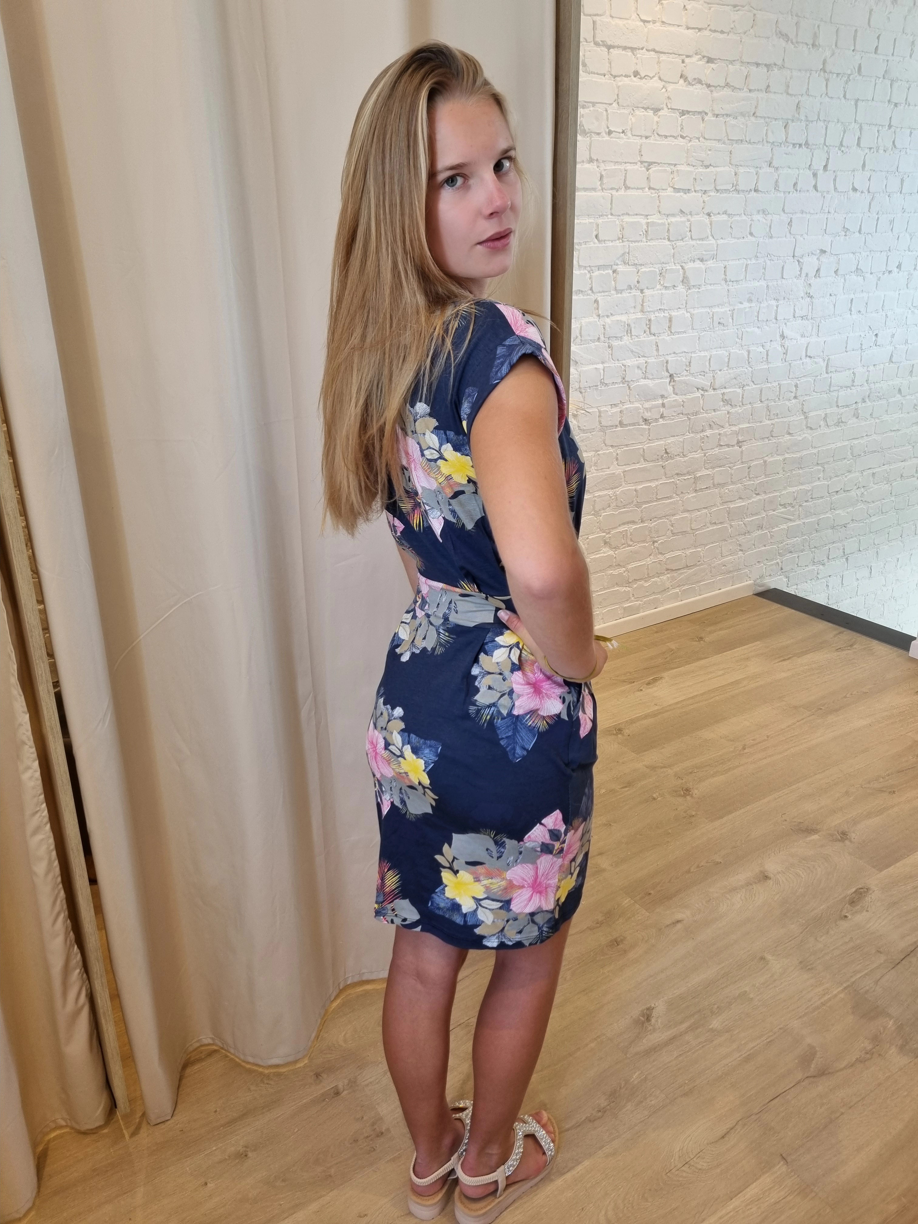 jurk met striklint en bloemenprint roze/blauw/donkerblauw