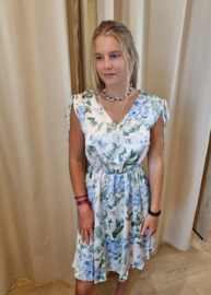 jurk met fronsmouwtjes en lichtblauw print