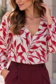 Witte blouse met bordeaux bladprint en gouden randje
