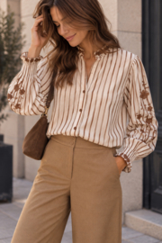 Gestreepte blouse met geborduurde details licht chocolat