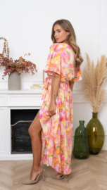 maxi-overslagjurk met geel en roze motief
