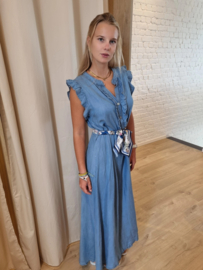 lange jeansjurk met frulletjes licht denim blauw
