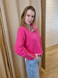 trui met V-hals en gouden knopen fuchsia