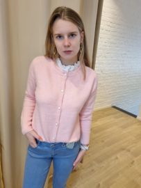 pastel trui met knopen en kanten afwerking roze