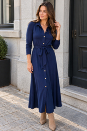 Elegante marineblauwe midi-jurk met bindlint