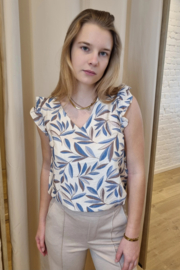 bloesje met lurex en zachte blauwe blaadjesprint