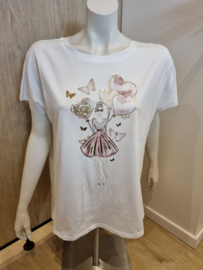 T-shirt plus size glitter girl beige / roze / lichtblauw