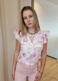 bloesje met volantmouwtjes en bindlintje roze