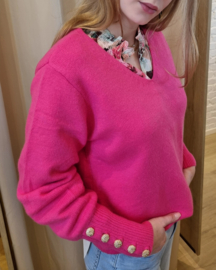 trui met V-hals en gouden knopen fuchsia