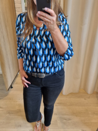 blouse geometrische motief kobaltblauw/zwart