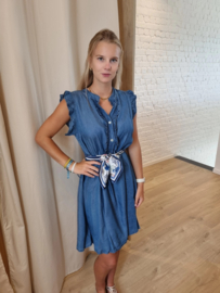 jeansjurk met frulletjes donker denimblauw