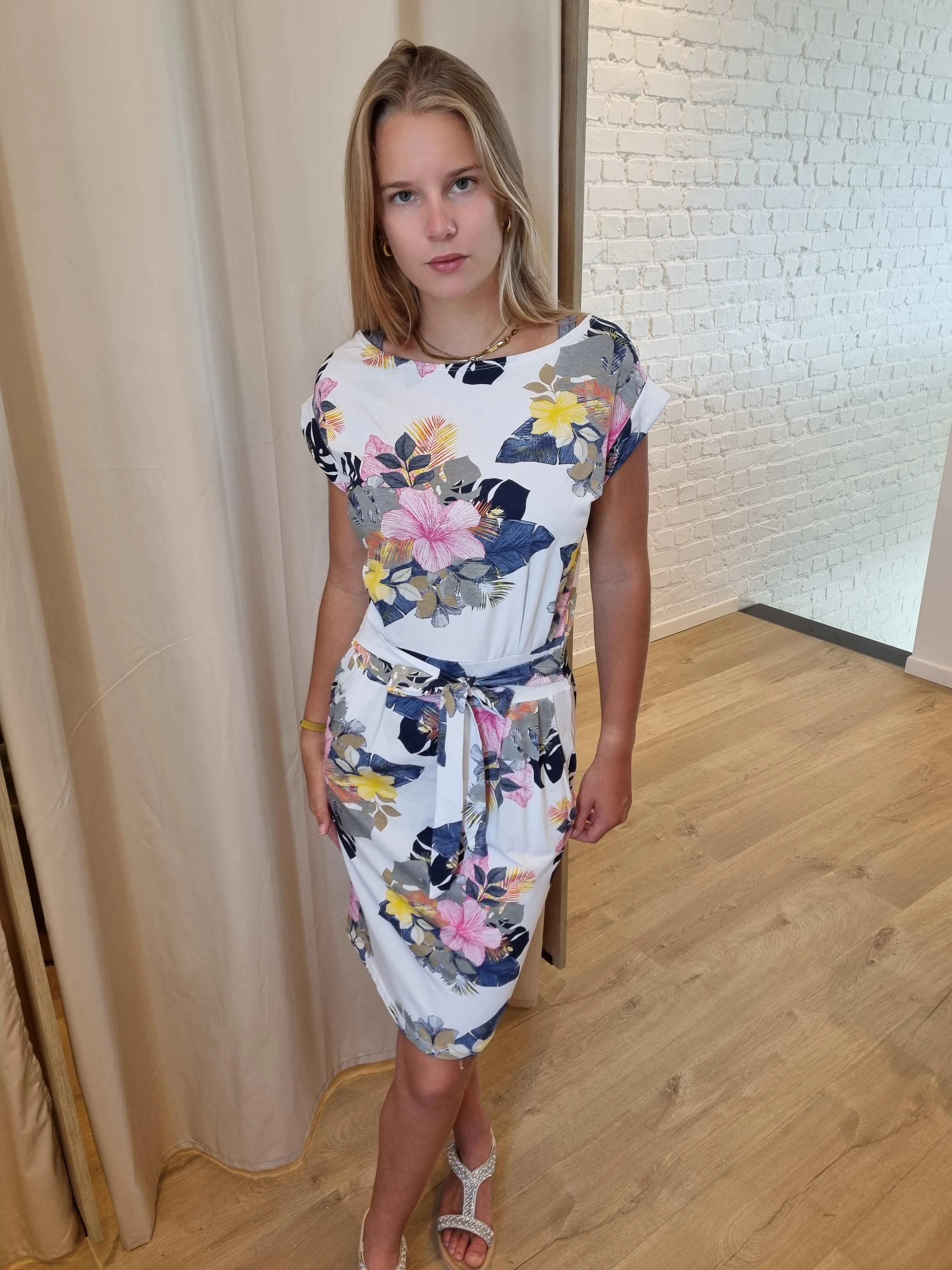 jurk met striklint en bloemenprint roze/blauw/wit