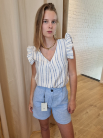 bloesje met volantmouwtjes, lurex en streepjesmotief