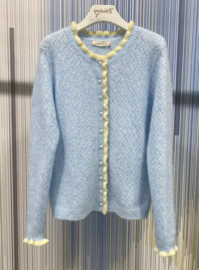 cardigan met geel sierboordje en frulletjes blauwl