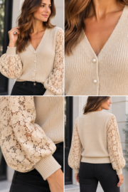 Donkerbeige cardigan met kanten mouwen en parelknoopjes