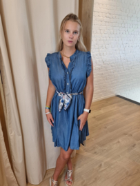 jeansjurk met frulletjes donker denimblauw
