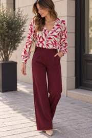 Witte blouse met bordeaux bladprint en gouden randje