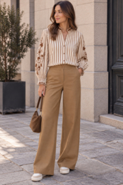Gestreepte blouse met geborduurde details licht chocolat