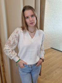 trui met V-hals en versierde mouwen ecru