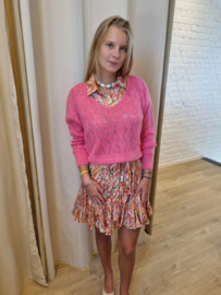 jurk terracotta en roze print