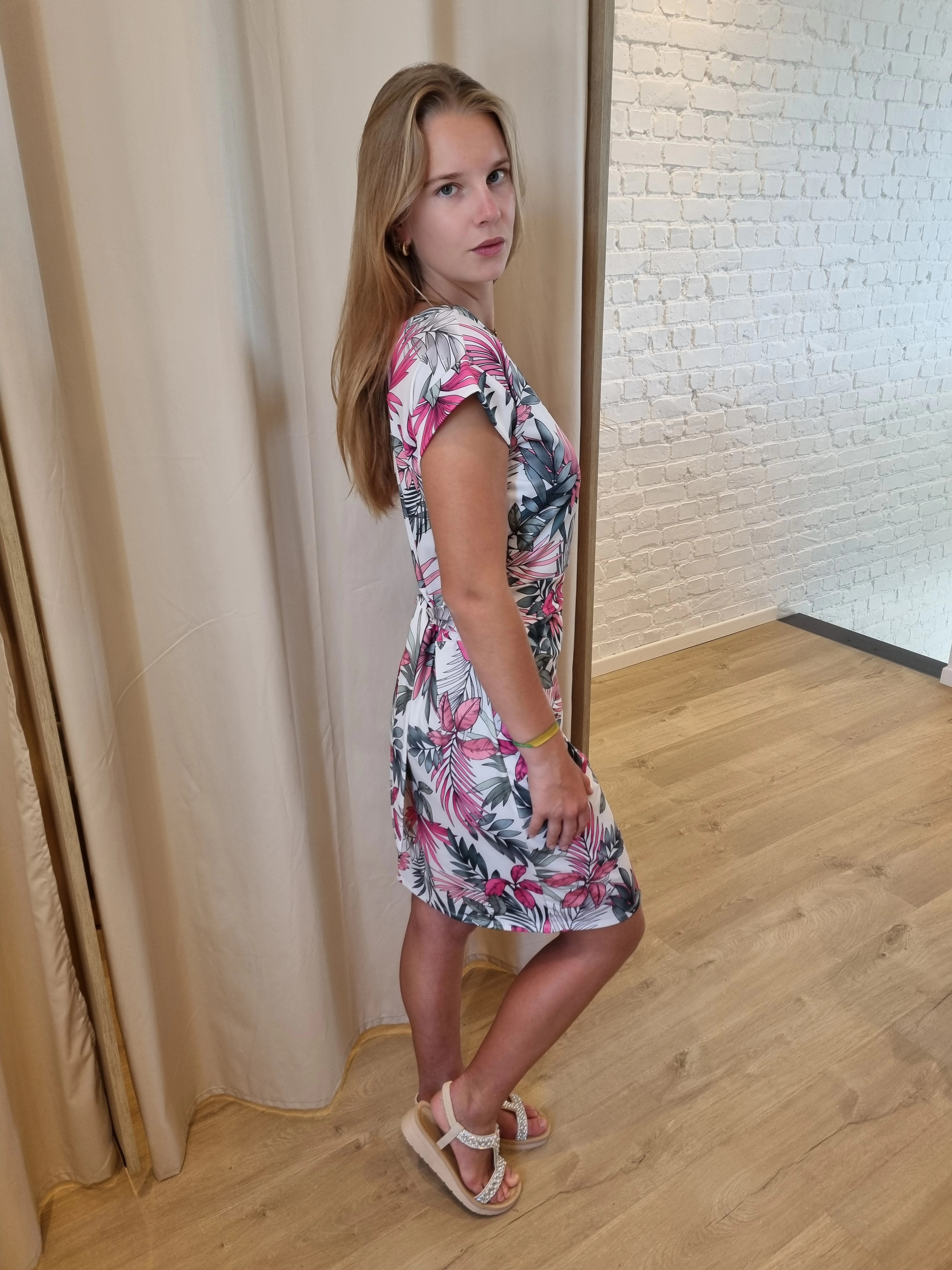 travel stof jurk met tropische print wit/roze