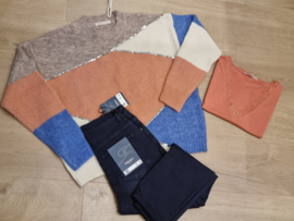 trui met kleurvlakken koraal/blauw