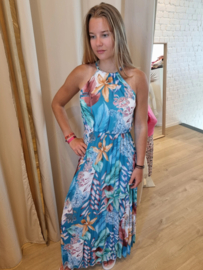 jurk met bindlintje in de hals turquoise