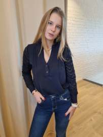 blouse met kanten mouwen marineblauw