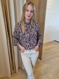 bloesje met striklintje en geometrische print zwart/bruin