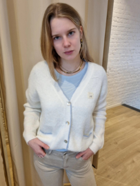 witte cardigan met blauw boordje en patch
