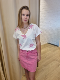 bloesje met V-hals en roze motief