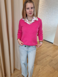trui met V-hals en gouden knopen fuchsia