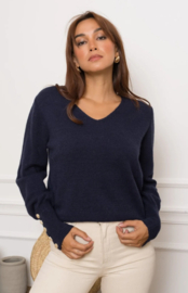 trui met V-hals en gouden knopen marineblauw