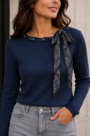 Dames truitje met bandana strik – Navy - Marineblauw