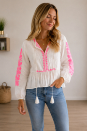 blouse met fluoroze accent en striklintje
