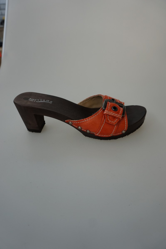 Softclox, houten slipper met hakje, glad leer, fuoco/oranje, band met